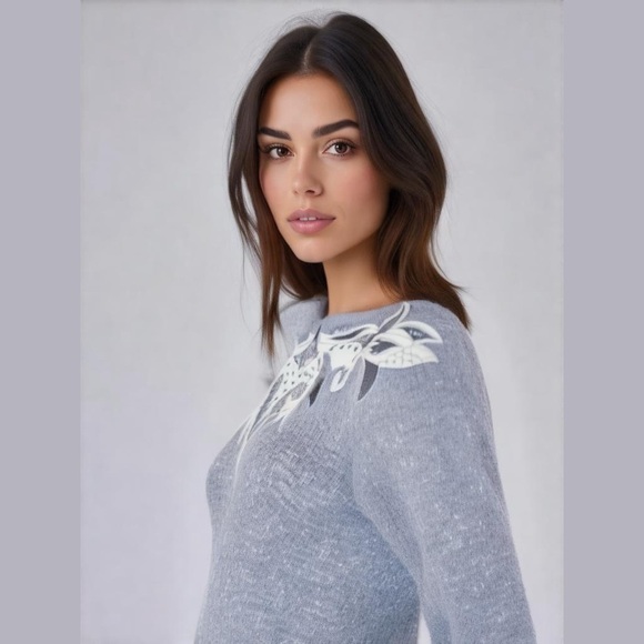 I.b. DIFFUSION SILK ANGORA rabbit WOOL EMBROIDERED SWEATER  nylon lambswool SOFT - Picture 1 of 2